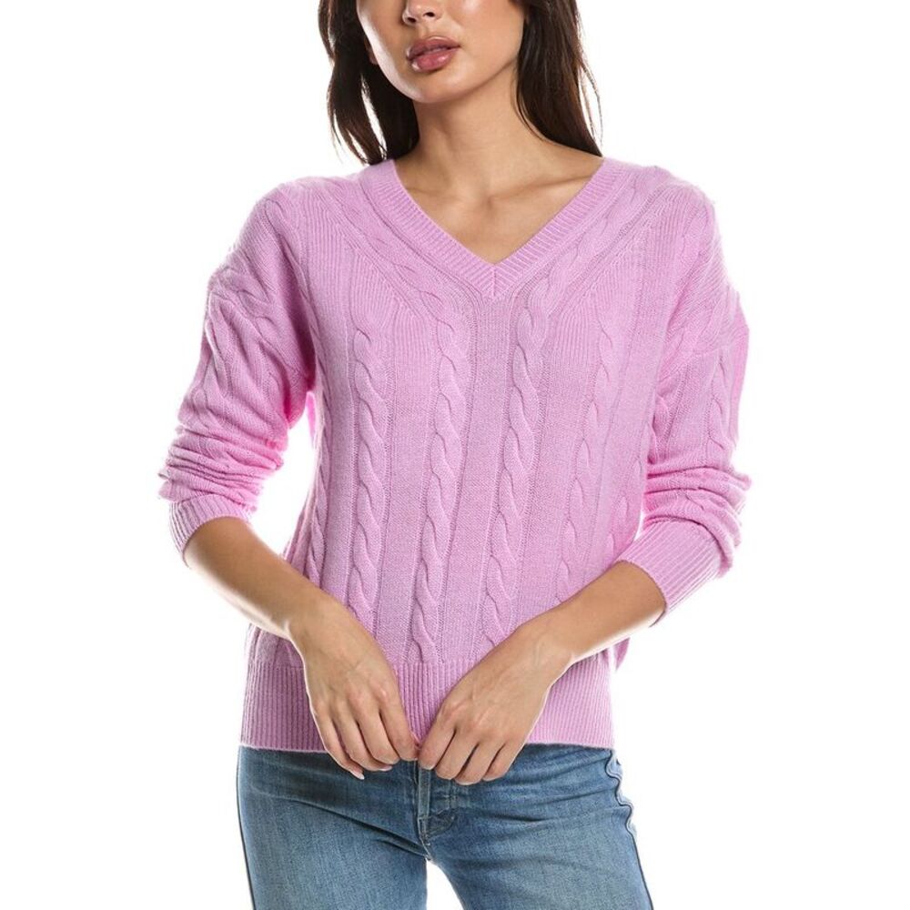 Forte Cashmere Womens Fashioned Cable V-Neck 100% Cashmere Sweater, Purple